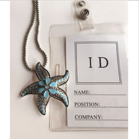 Silver Blue Starfish Pendant Necklace 33" Statement Aqua Enamel ID Badge Holder - Picture 3 of 8